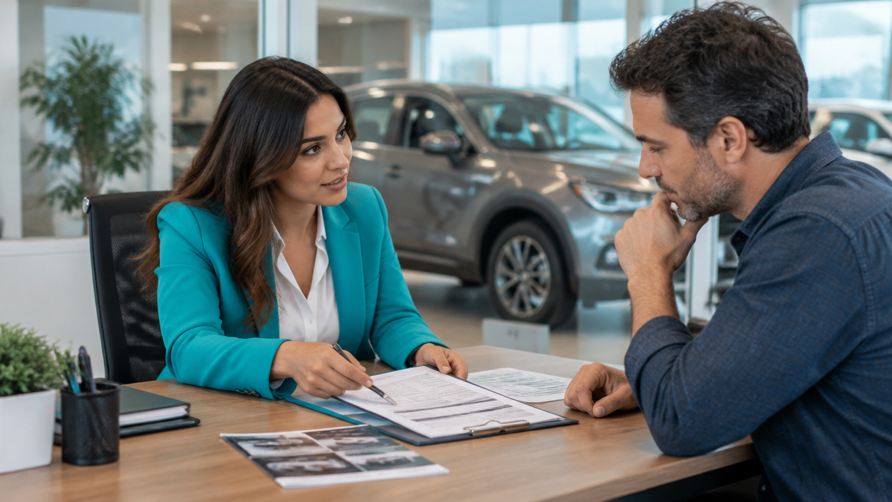 Vendedora conversa com cliente sobre proposta de compra de um carro usado