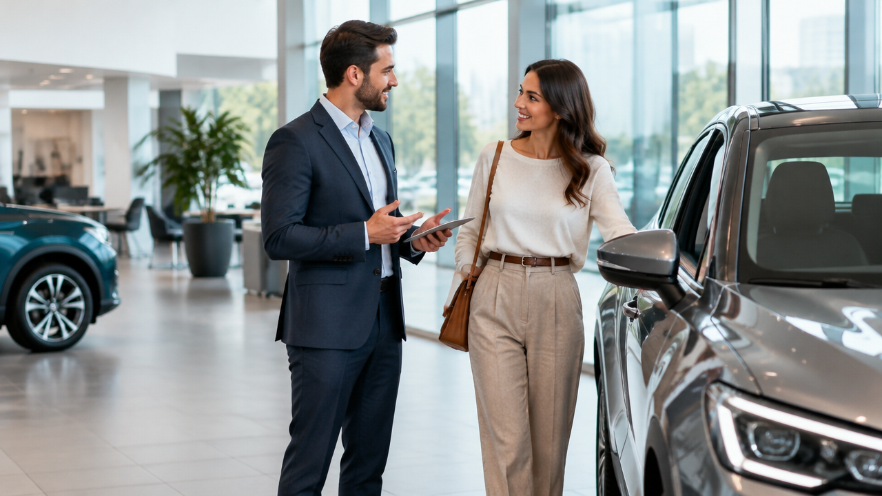 Vendedora conversa com uma cliente ao lado de um carro antes de um test drive em concessionária