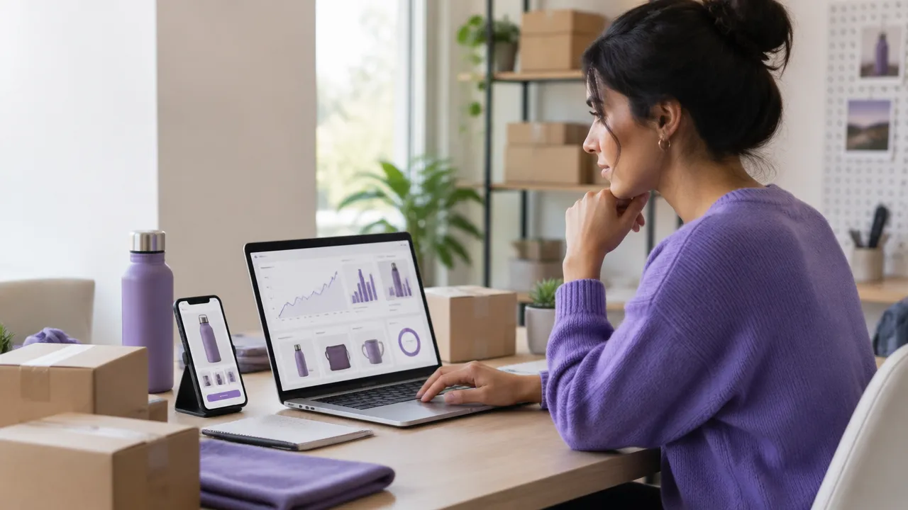 Vendedora de loja on-line analisando anúncios e vendas em um notebook