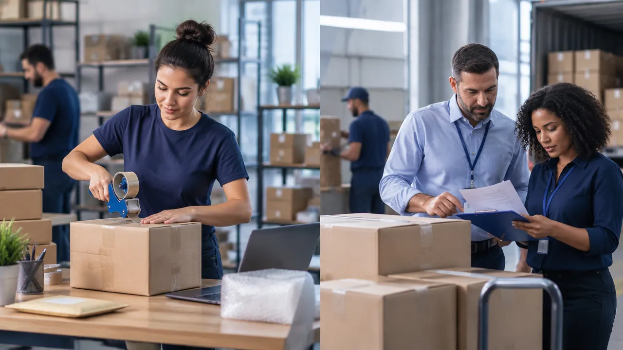 Vendedora prepara uma encomenda interestadual enquanto equipe de compras confere mercadorias e documentos fiscais.