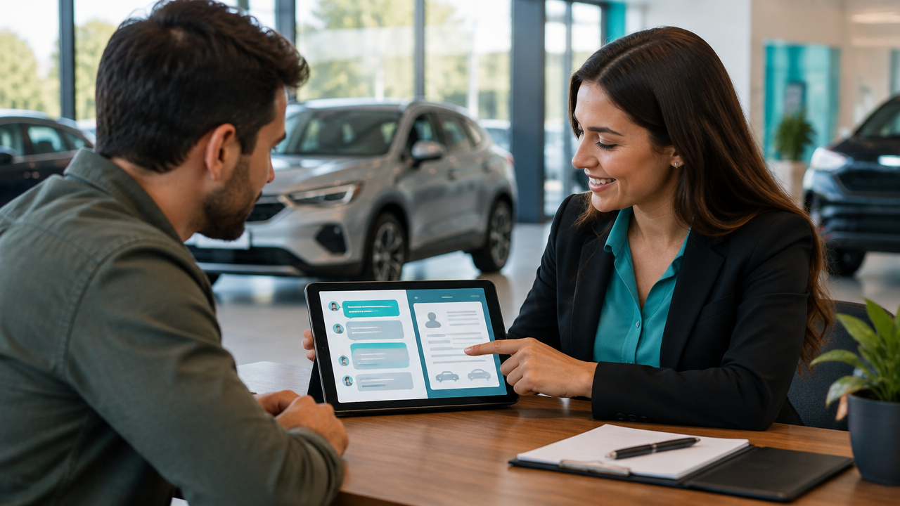 Vendedora retoma com o cliente uma conversa iniciada por chatbot, usando um tablet para dar continuidade ao atendimento