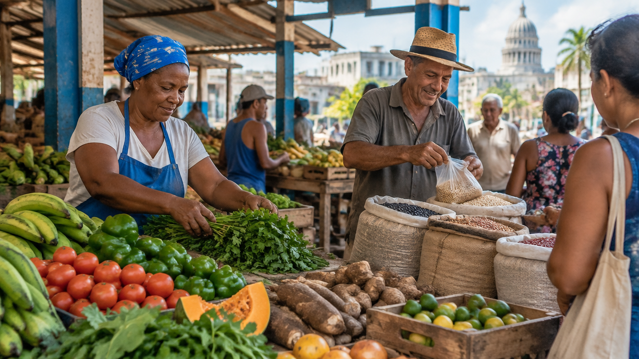 Vendedores organizam frutas e hortaliças em um mercado de bairro cubano.
