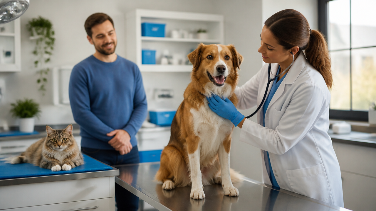 Veterinária avaliando um cão e uma gata em consulta sobre diabetes em uma clínica moderna
