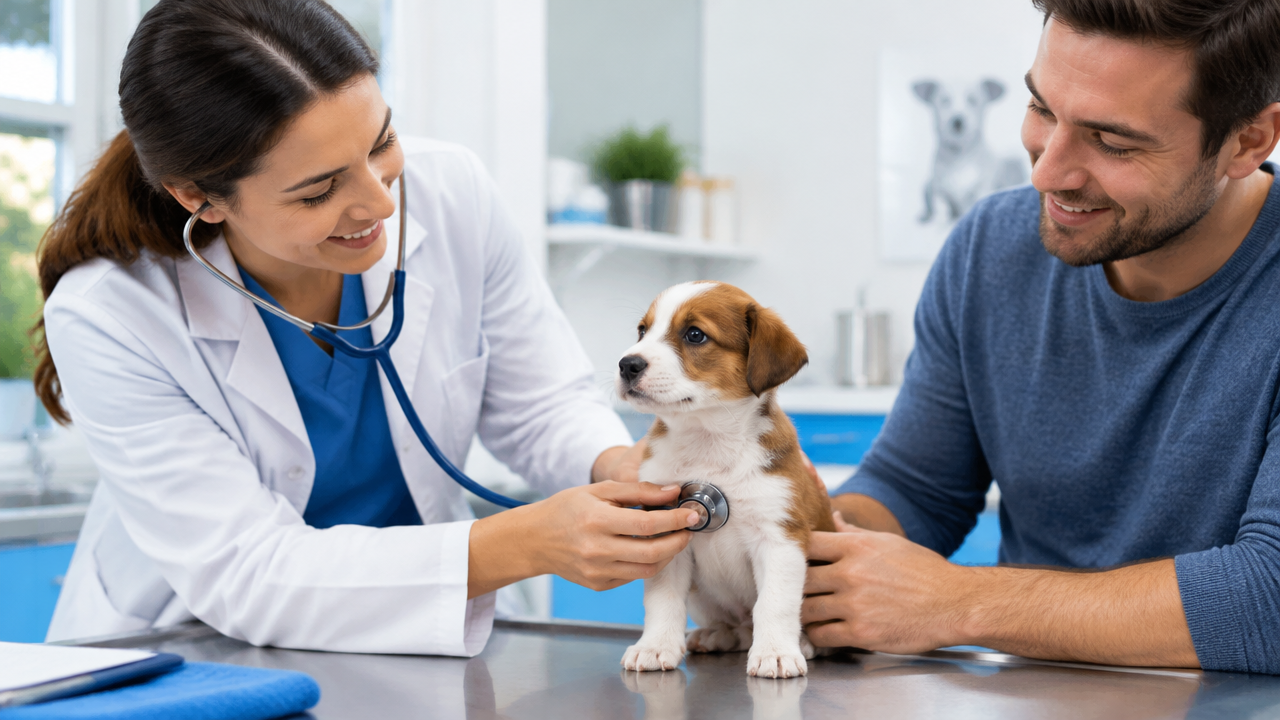 Veterinária examina um filhote de cachorro durante uma consulta preventiva