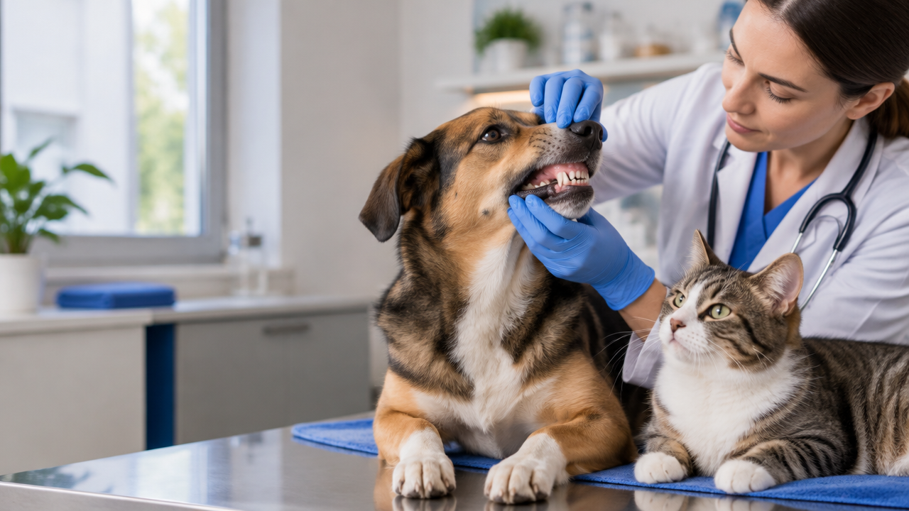 Veterinária examinando com cuidado a gengiva de um cão enquanto um gato aguarda ao lado, em consultório.
