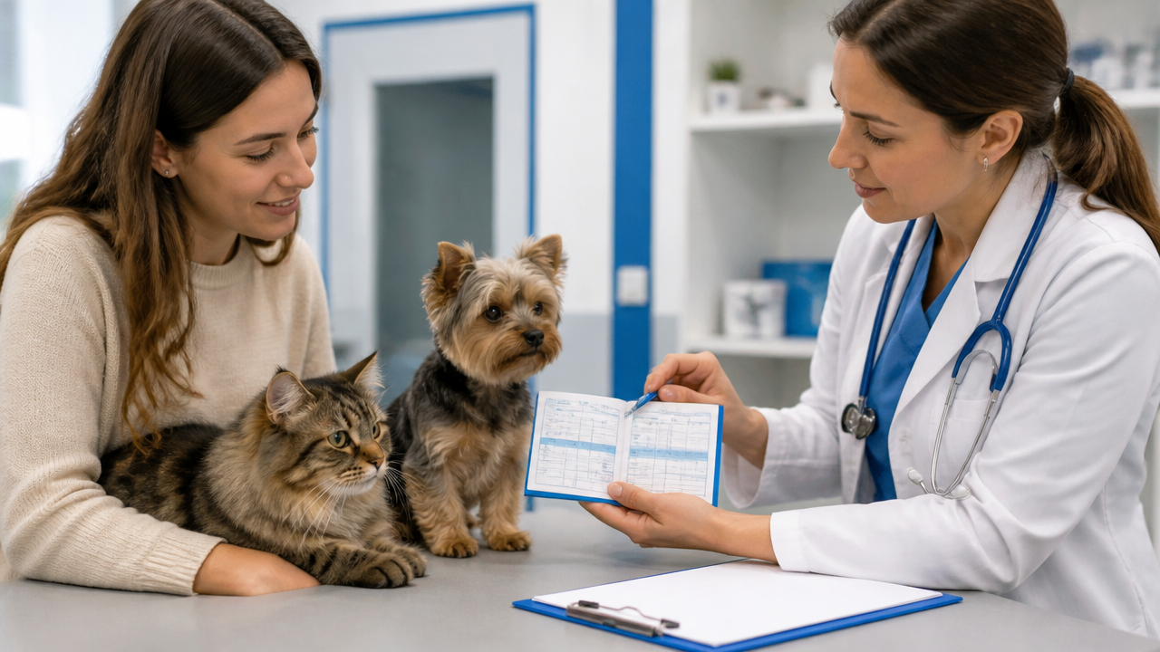 Veterinária orientando tutora sobre calendário de vacinação de cão e gato durante consulta
