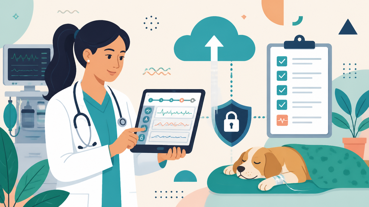 Veterinária usando registro anestésico digital com backup e proteção de dados