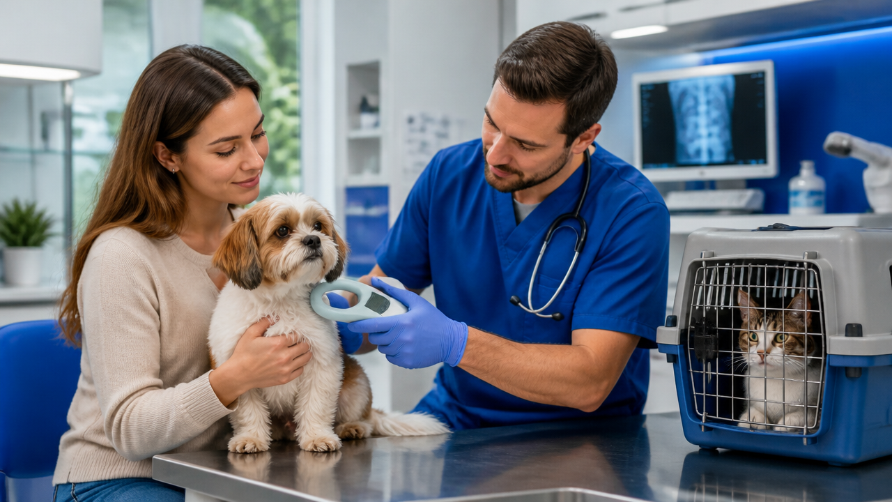 Veterinário realizando a leitura de microchip em um cão, com tutora presente, em clínica moderna para cães e gatos