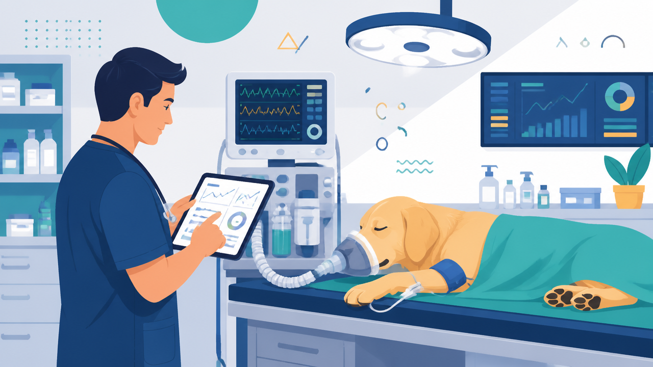 Veterinário usando tablet para registrar informações anestésicas de um cão em ambiente clínico
