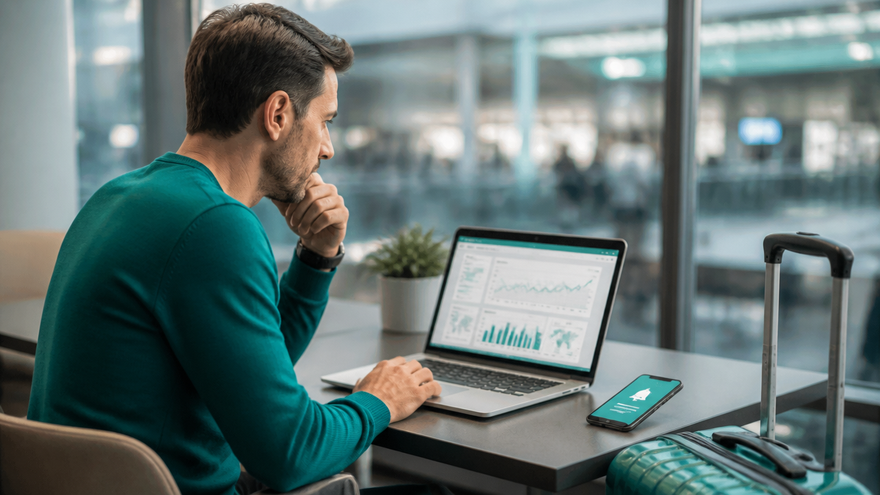 Viajante analisando tarifas aéreas no notebook em um aeroporto moderno