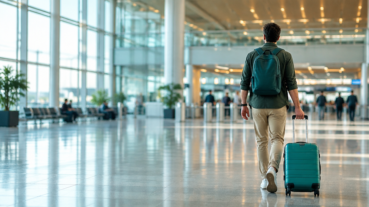 Viajante com mala atravessa o terminal de aeroporto em direção ao embarque
