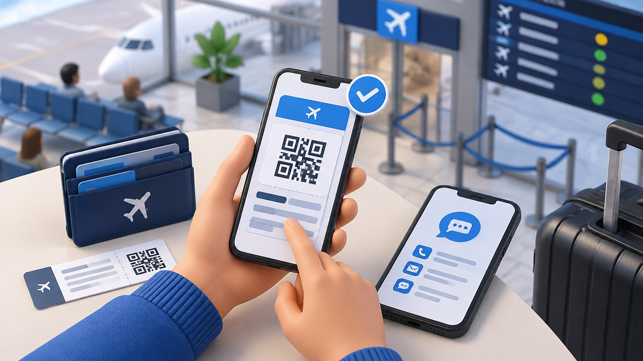 Viajante conferindo e guardando o cartão de embarque digital com um canal alternativo disponível