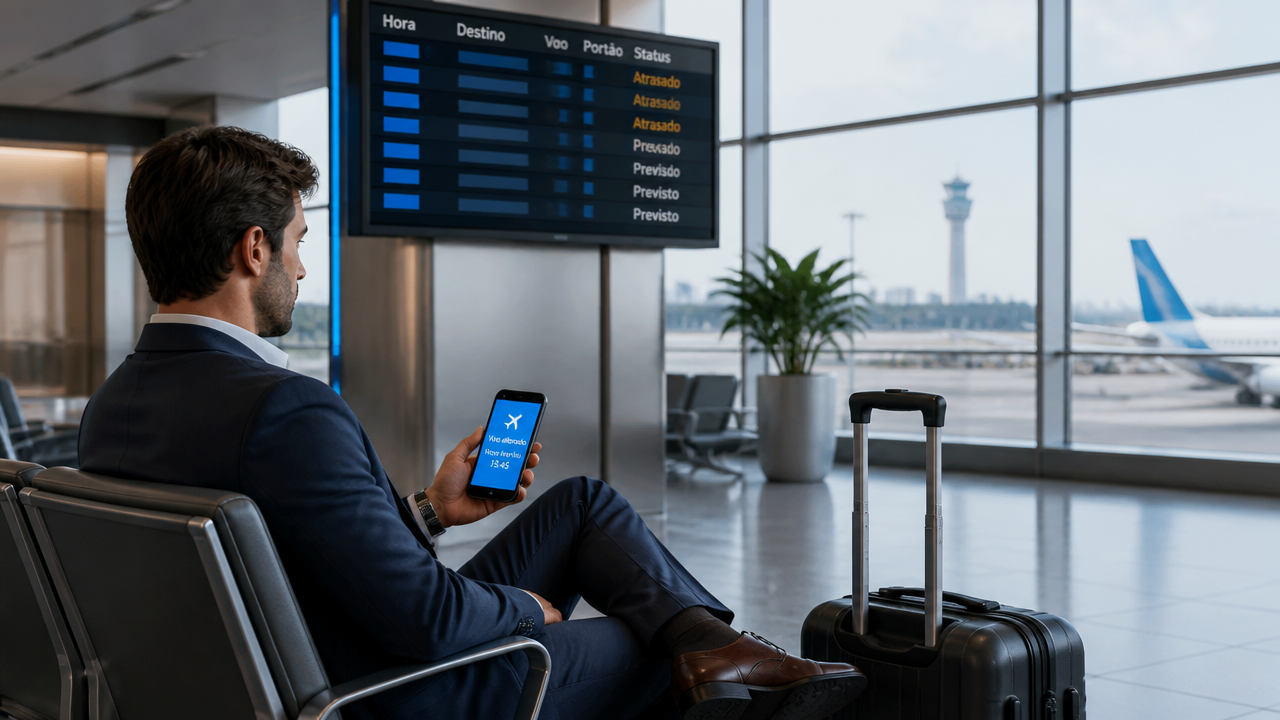Viajante corporativo aguardando no aeroporto após atraso de voo