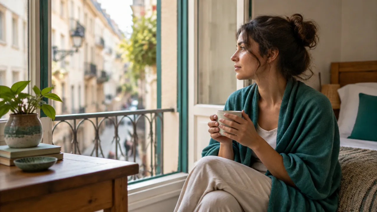 Viajante faz uma pausa consciente junto à janela de sua acomodação durante uma viagem internacional.