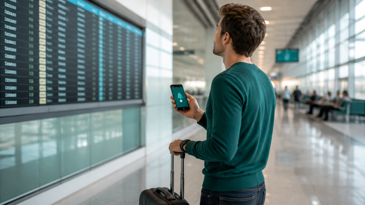 Viajante no aeroporto consultando no celular um alerta de tarifa antes do embarque