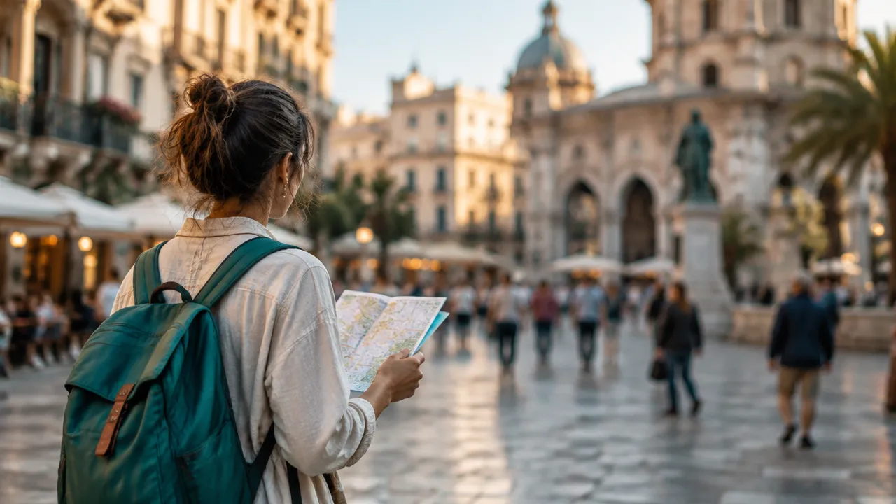 Viajante observa uma praça urbana movimentada em um destino culturalmente diferente, com mapa nas mãos.