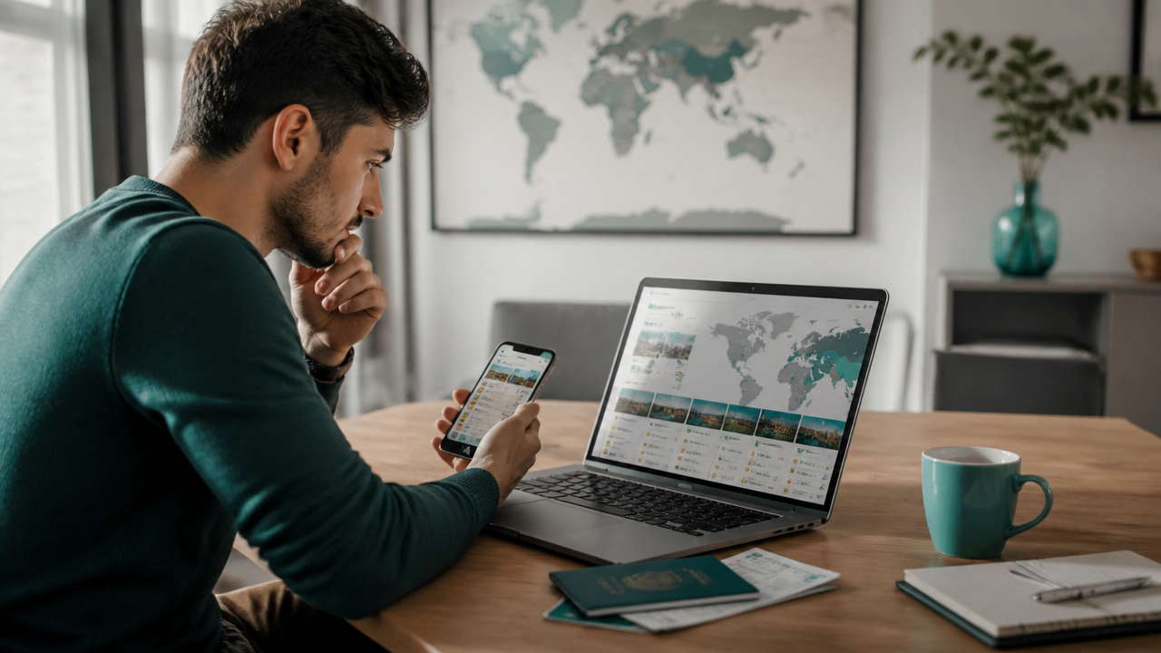 Viajante planejando uma viagem com notebook, celular e documentos sobre a mesa