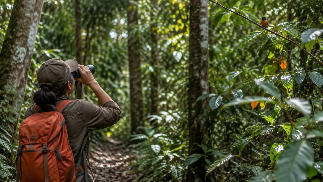 Visitante observa uma ave com binóculos sem se aproximar em uma trilha de Mata Atlântica
