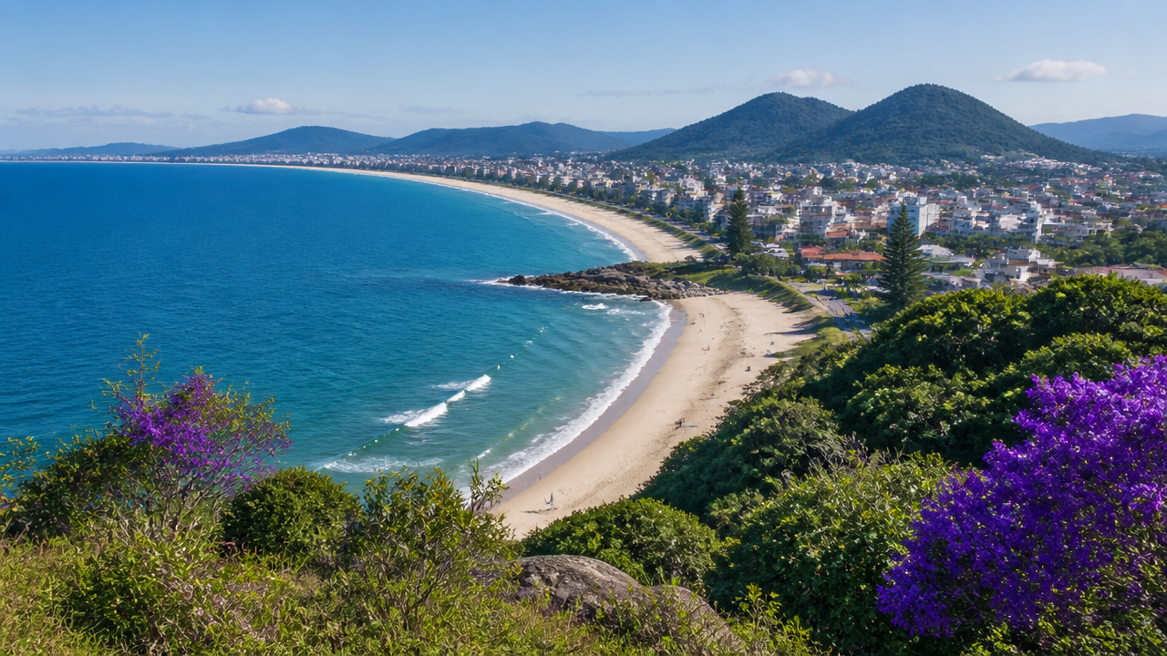 Vista panorâmica de praia e morros em Florianópolis com área urbana ao fundo