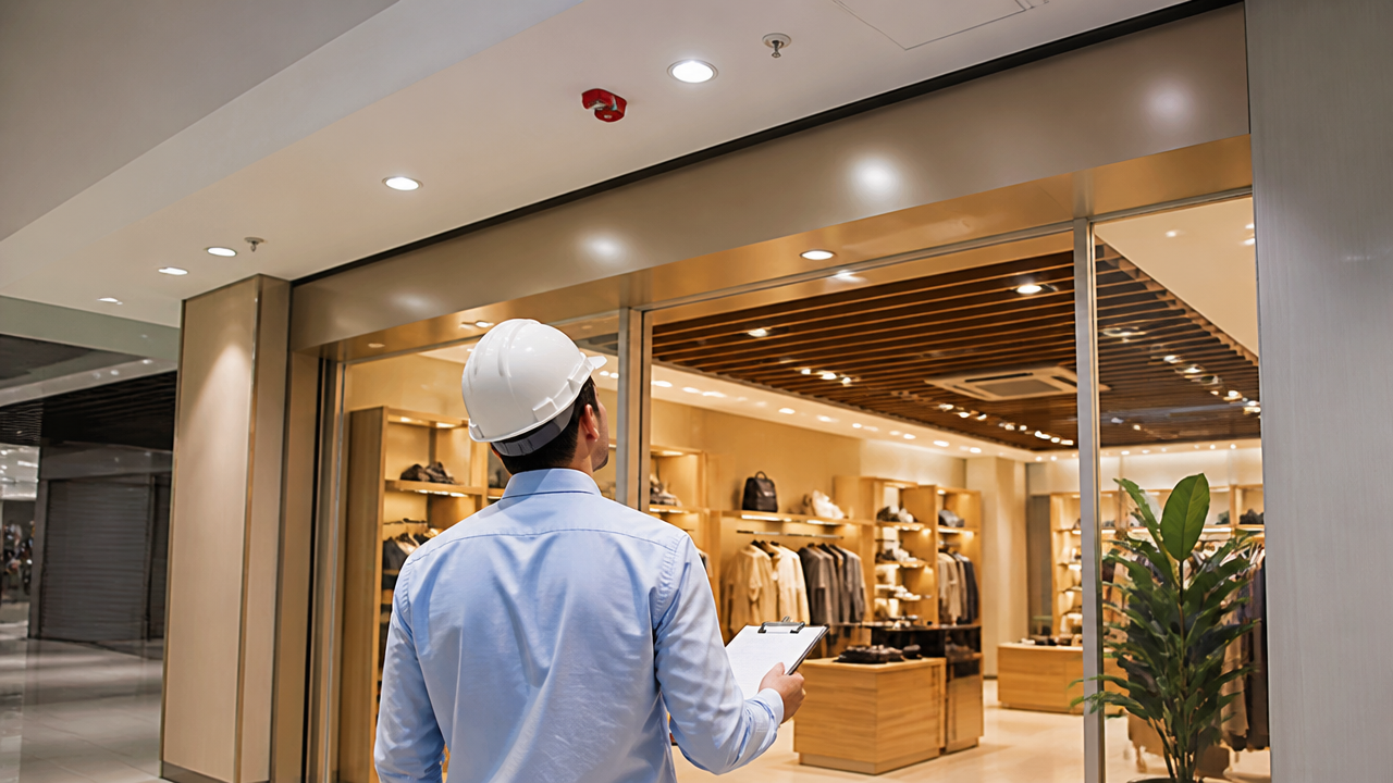 Vistoria técnica em loja compacta de shopping antes da aprovação final