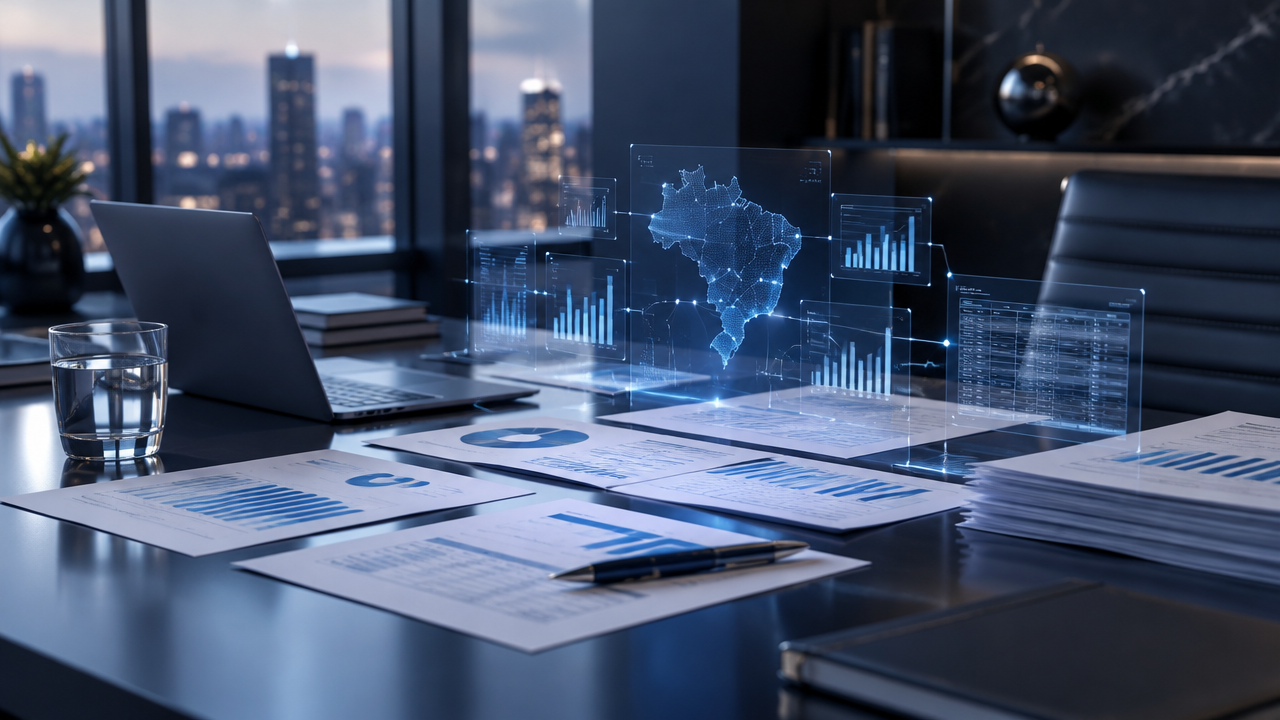 Visual editorial de documentos fiscais e dados digitais conectados por inteligência artificial