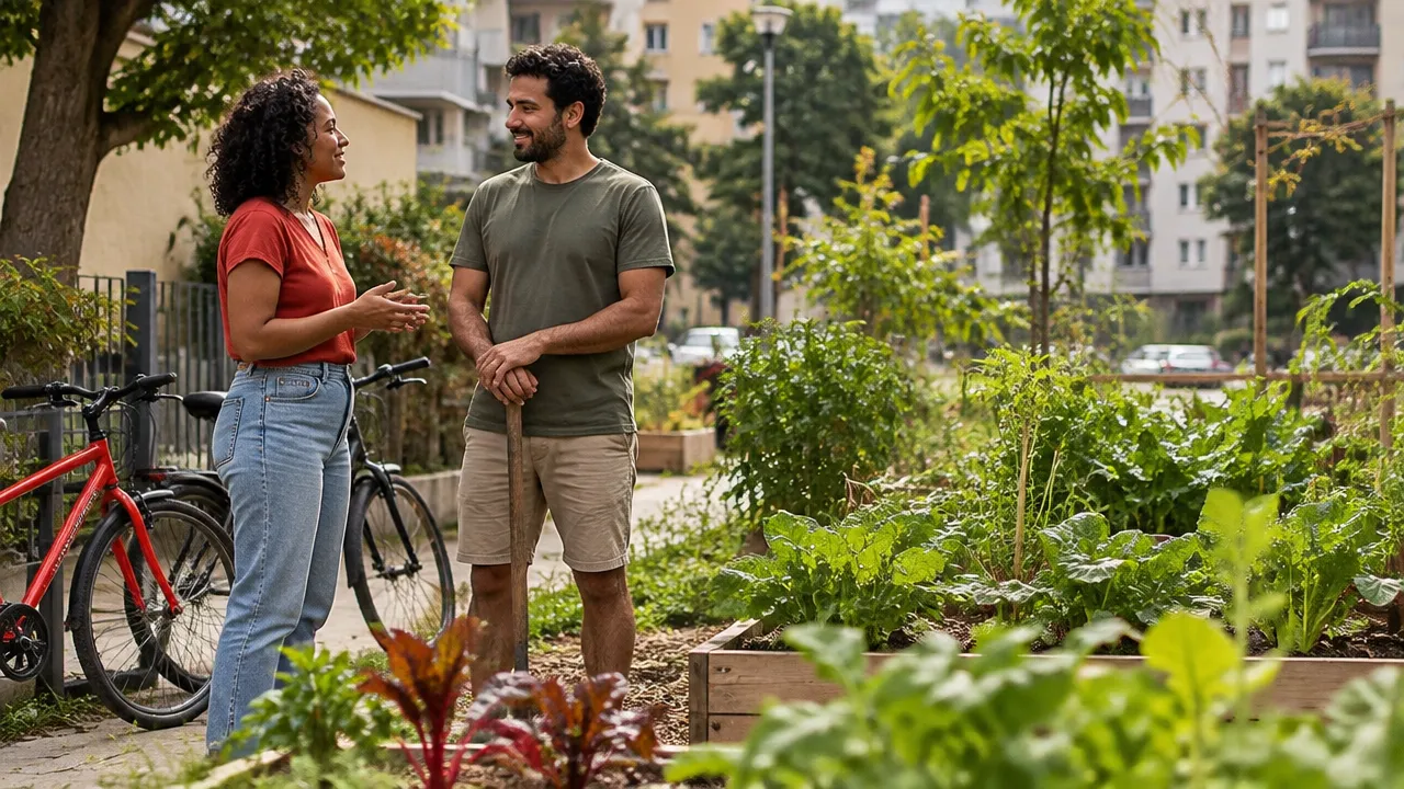 Vizinhos conversam junto a uma horta comunitária e bicicletas, ilustrando a ação ambiental coletiva no bairro.