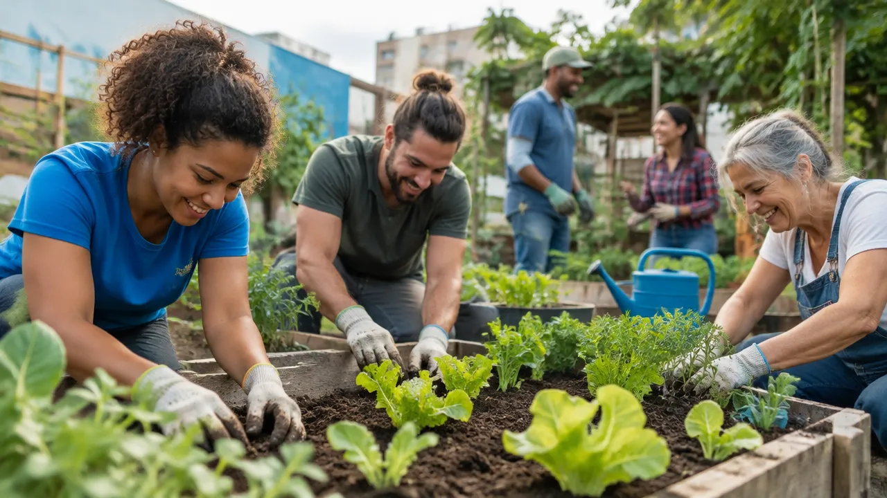 Vizinhos de diferentes idades cuidam juntos de mudas em uma horta comunitária urbana.