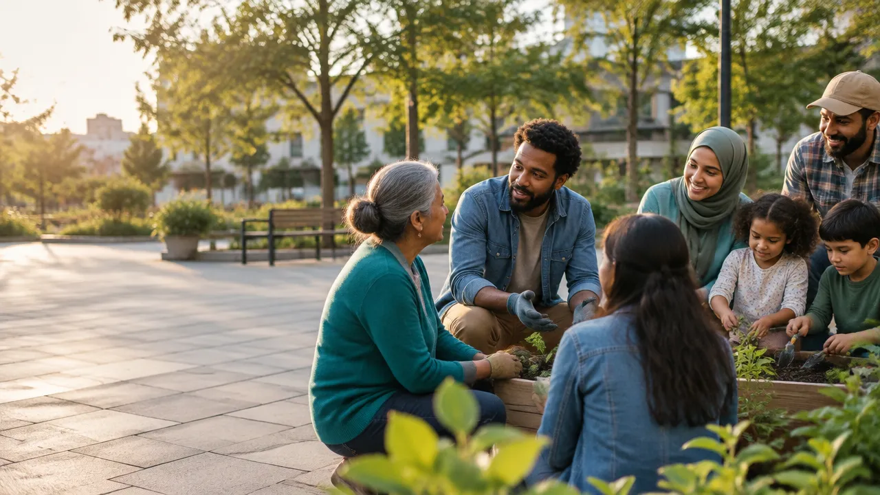 Vizinhos de diferentes idades e origens conversam em uma praça, representando o pertencimento comunitário.