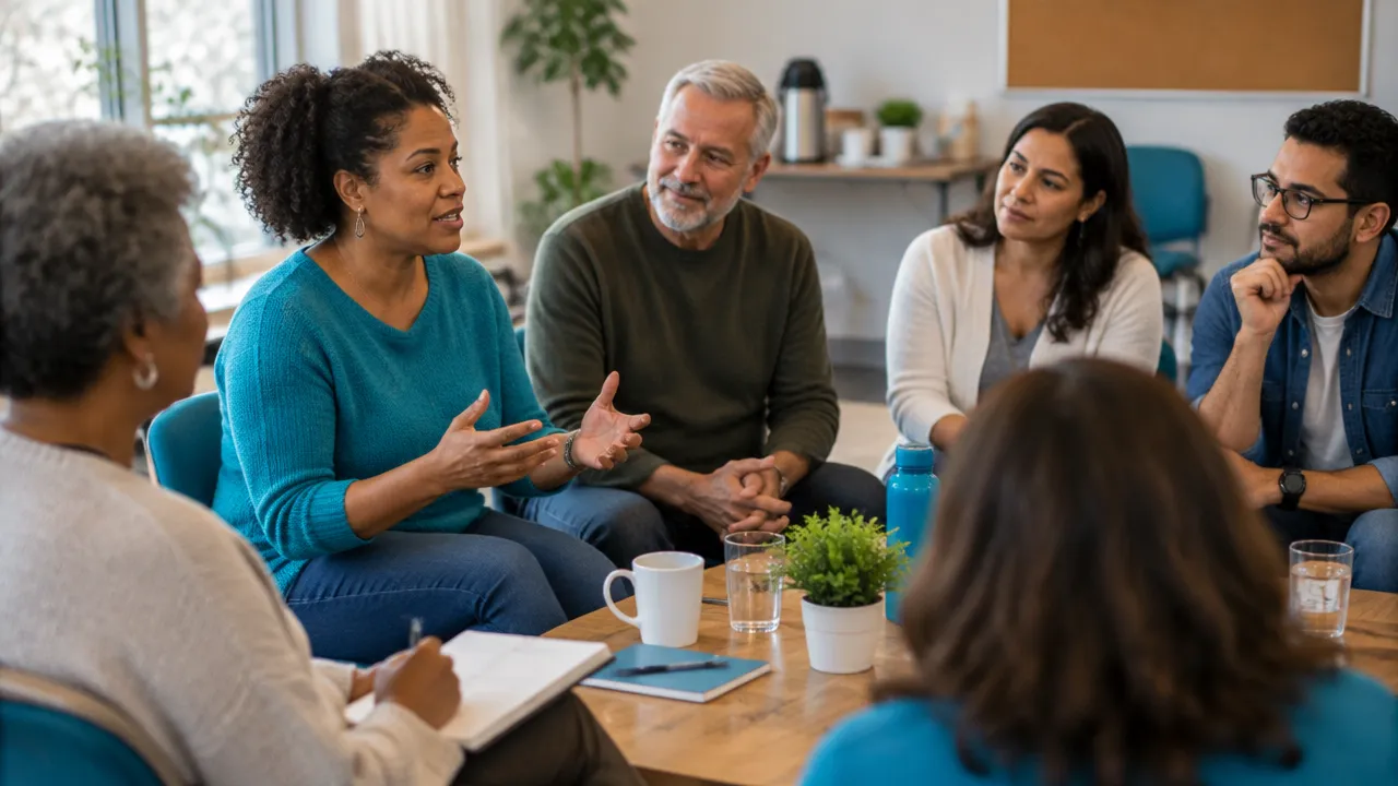 Vizinhos escutam e discutem propostas durante uma reunião comunitária