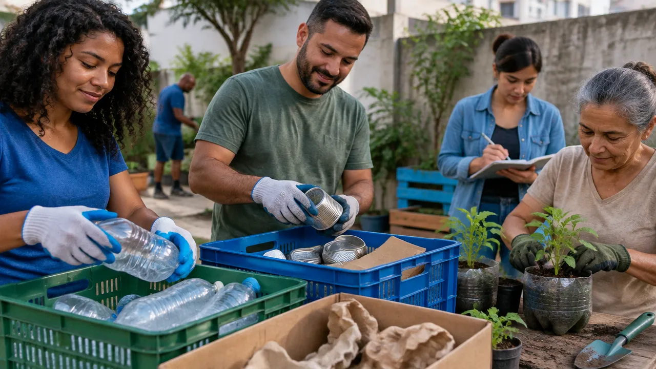 Vizinhos organizam recicláveis e cuidam de mudas em uma área comunitária urbana