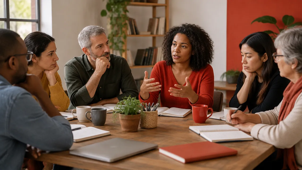 Voluntários em reunião comunitária, com diferentes níveis de participação e influência.