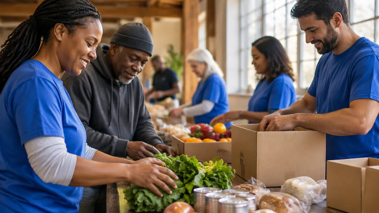 Voluntários organizam alimentos em um espaço comunitário, com moradores colaborando em uma ação de cuidado mútuo.