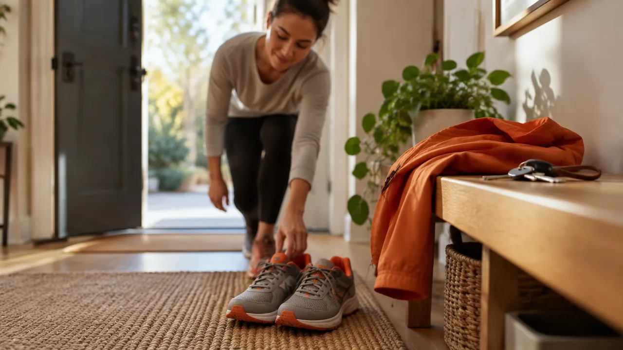 Walking shoes placed by the door as a visible cue for a new daily routine