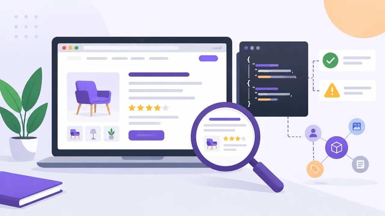 Website audit illustration showing structured data code checked against visible page content