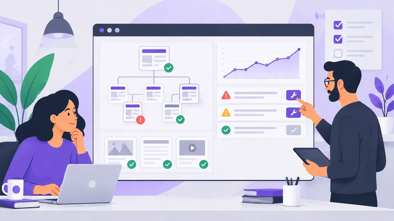 Website owner and developer reviewing a technical SEO audit dashboard with a site map and search visibility chart