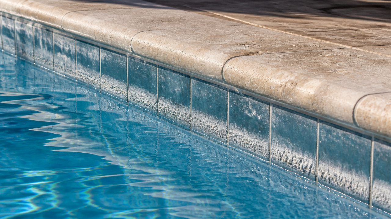 White calcium scale buildup along the tile line of a residential swimming pool