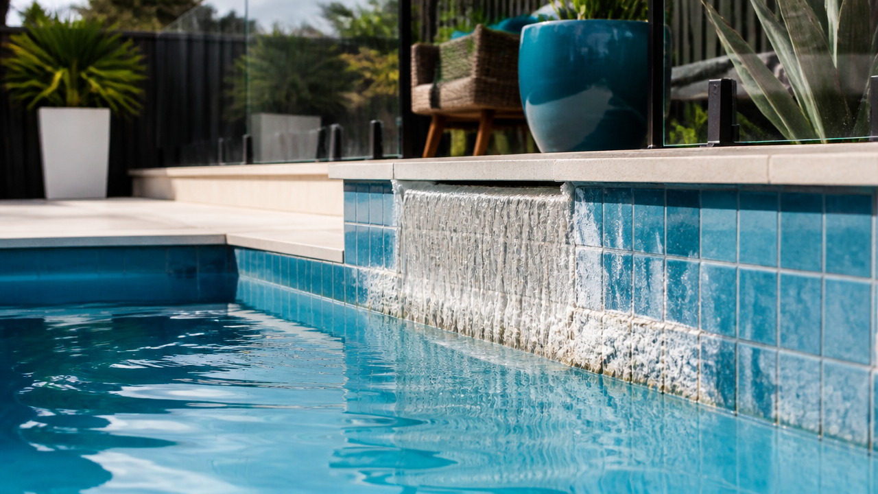 White calcium scale buildup along the waterline tiles of a backyard pool