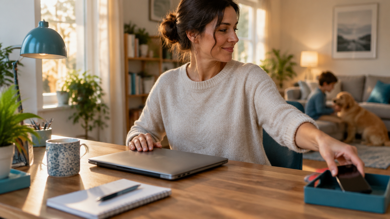 Worker closing a laptop and setting a phone aside to mark the end of the workday