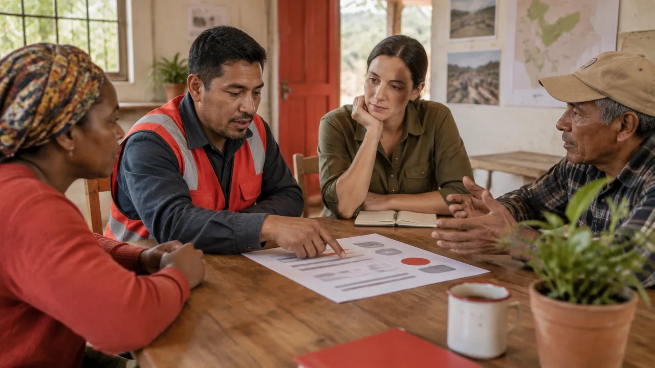 Workers and community members reviewing a simple impact scorecard during a two-way discussion