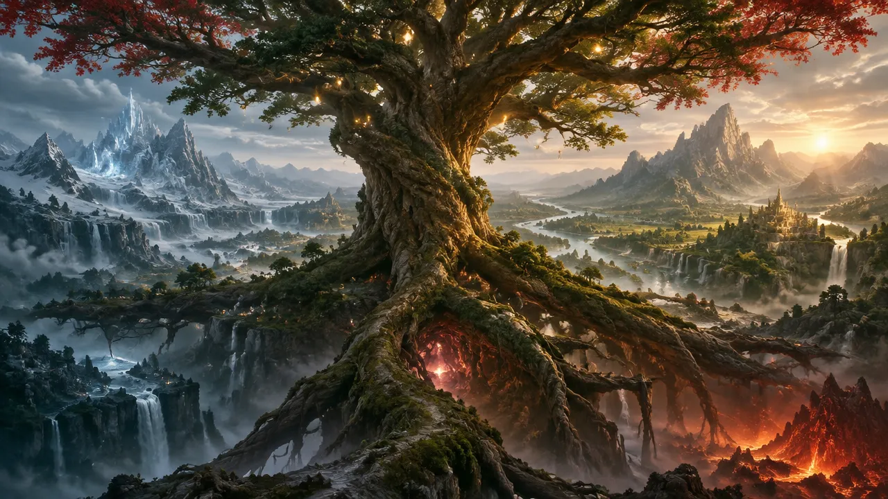 Yggdrasil representada como uma grande árvore que conecta paisagens e reinos distintos envoltos em névoa.