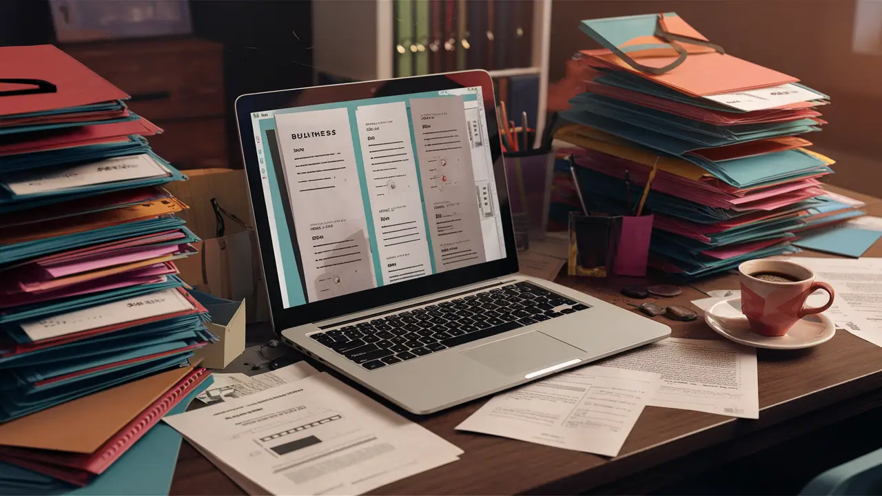 Uma mesa desorganizada com laptop exibindo documentos de negócios, pastas coloridas empilhadas e uma xícara de café.