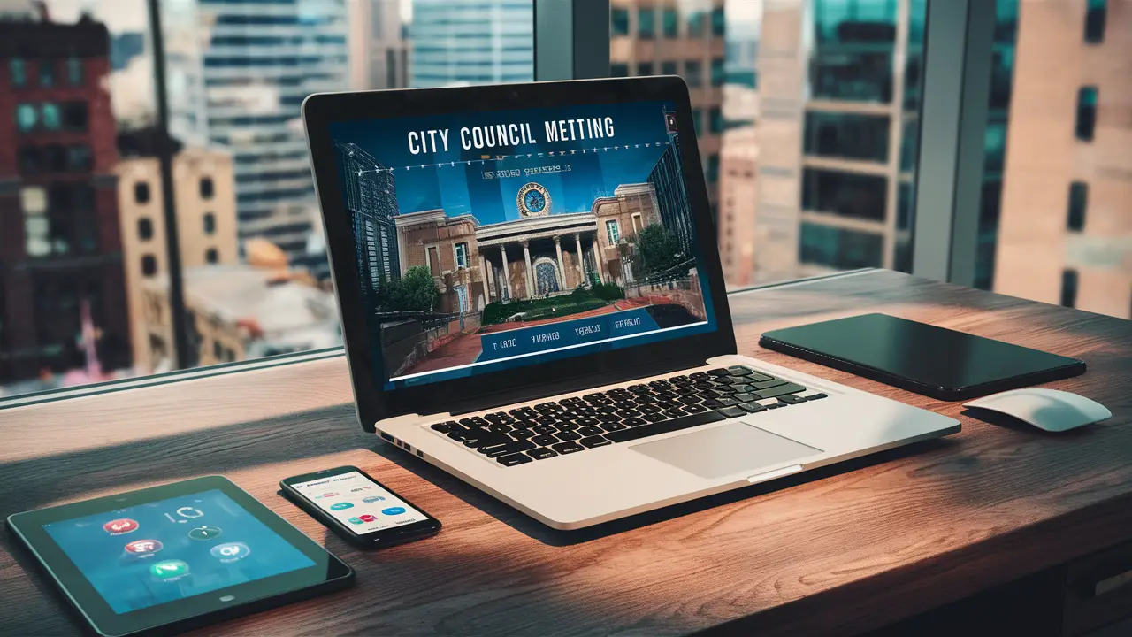 10 Ferramentas Digitais que Todo Vereador Precisa Conhecer 1 Desktop com laptop exibindo interface de reunião do conselho da cidade, smartphone com aplicativo de mensagens e tablet com ícones de mídia social.