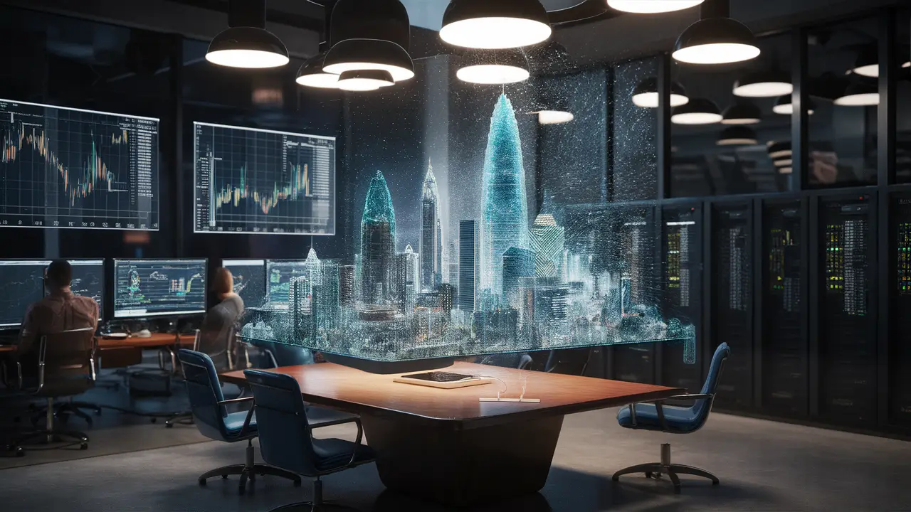 10 Ferramentas Digitais que Todo Vereador Precisa Conhecer 2 Escritório moderno com monitores de dados, servidores prateados e holograma de cidade.