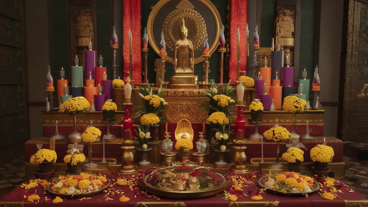 Altar de Umbanda com estátuas de Orixás, velas coloridas, flores brancas e amarelas, e oferendas em pratos de cerâmica.