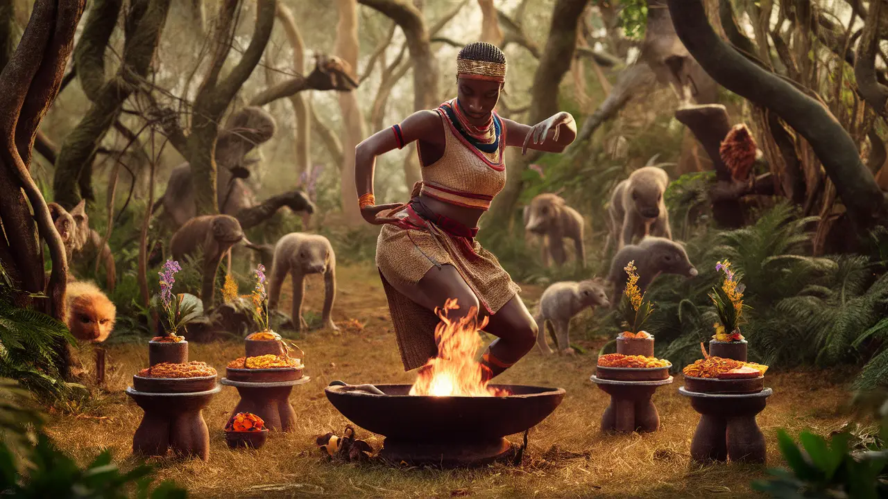 Figura em trajes africanos dança ao redor de uma fogueira em floresta com altares coloridos de alimentos e flores.