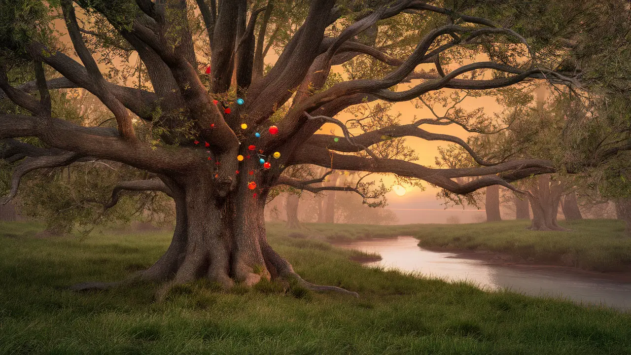 Árvore antiga com orbes brilhantes em uma floresta ao amanhecer, com riacho refletindo o céu matinal ao fundo.