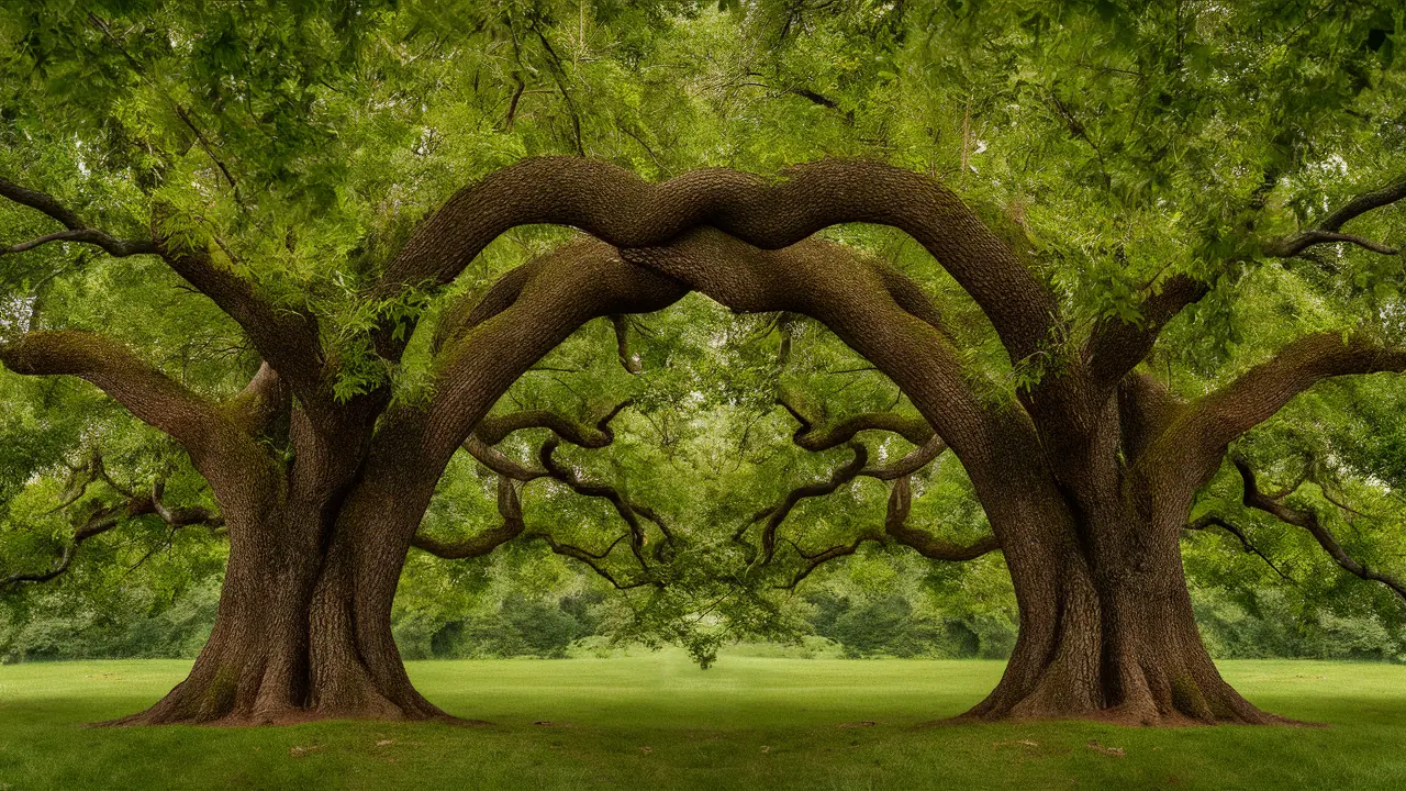 Duas árvores de carvalho entrelaçadas com folhas verdes exuberantes e galhos formando um arco natural.