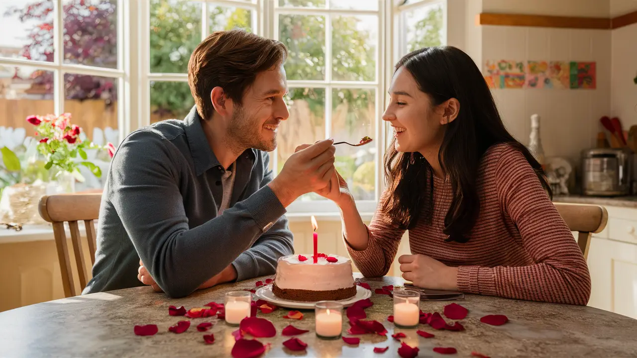 Casal em mesa de cozinha com bolo, velas e pétalas, homem alimenta a mulher, ambos sorrindo, janela com jardim ao fundo.