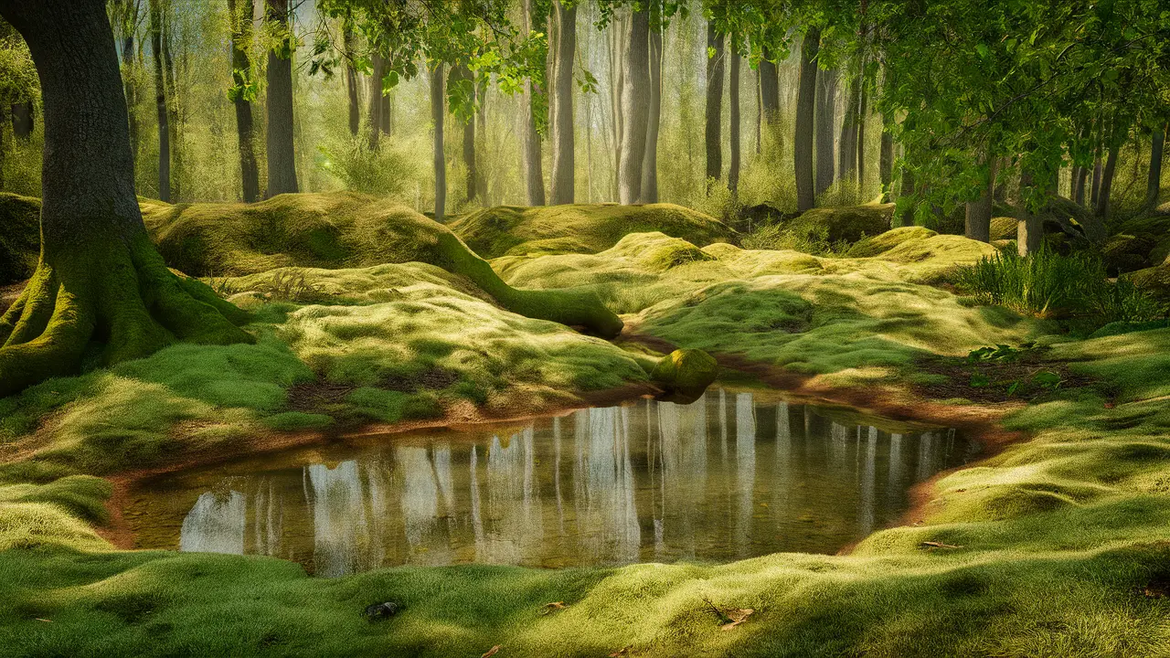 Clareira de floresta tranquila com lagoa refletindo árvores e luz do sol passando por folhas.