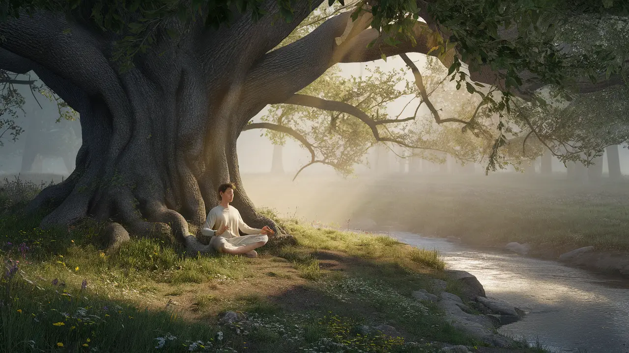 Pessoa meditando sob um carvalho antigo, cercada por flores silvestres e um riacho suave ao amanhecer.